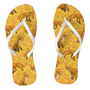 Foxes and buttercups on orange flip flops