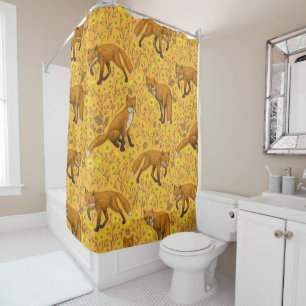 Foxes and buttercups on orange shower curtain