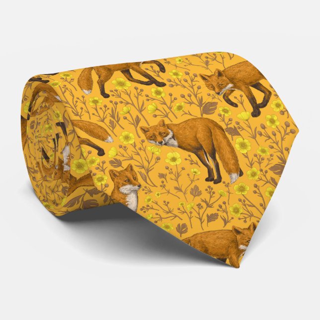 Foxes and buttercups on orange tie (Rolled)
