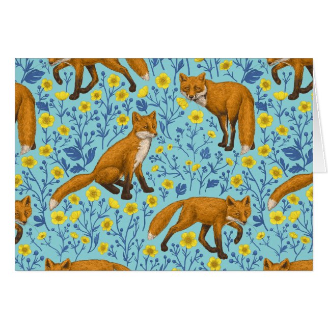 Foxes and buttercups on pool blue (Front Horizontal)