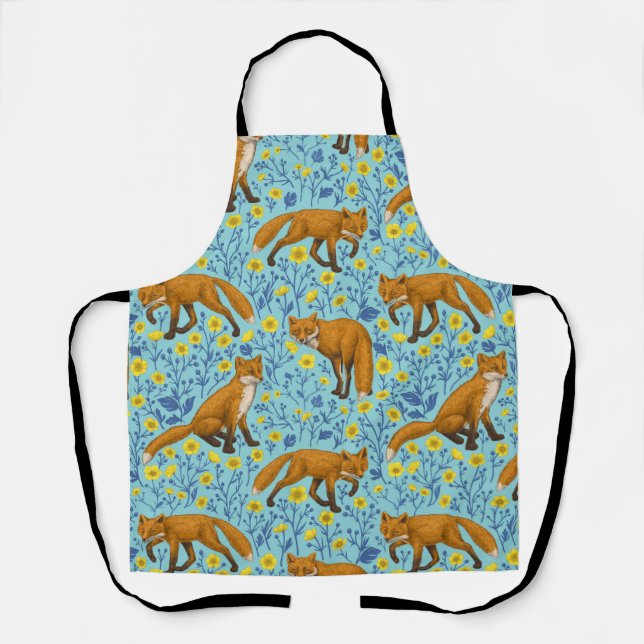 Foxes and buttercups on pool blue apron (Front)