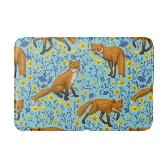 Foxes and buttercups on pool blue bath mat (Front)