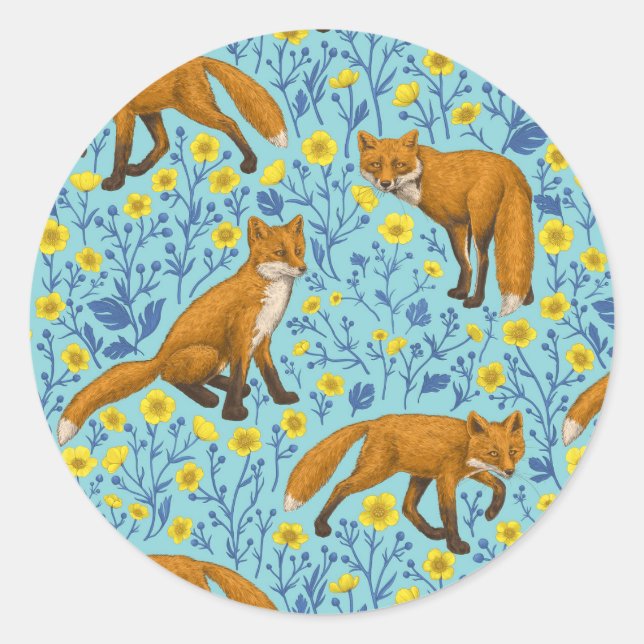 Foxes and buttercups on pool blue classic round sticker (Front)