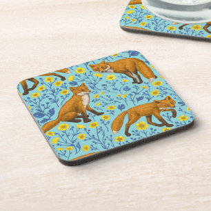 Foxes and buttercups on pool blue coaster