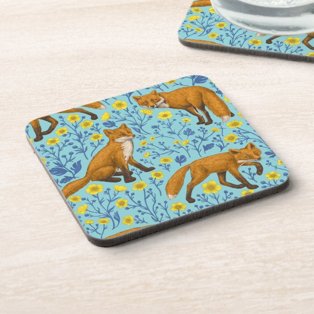 Foxes and buttercups on pool blue coaster (Left Side)