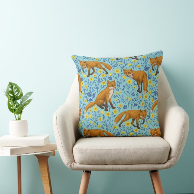 Foxes and buttercups on pool blue cushion (Chair)