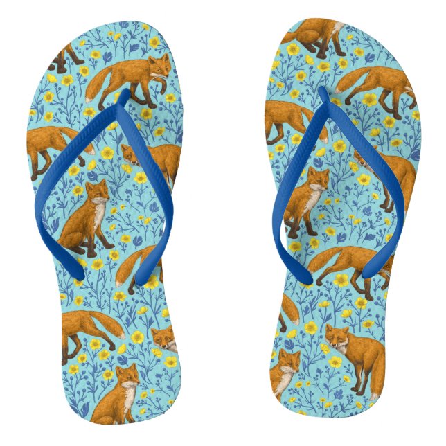 Foxes and buttercups on pool blue flip flops (Footbed)