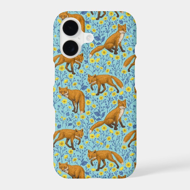 Foxes and buttercups on pool blue iPhone case (Back)