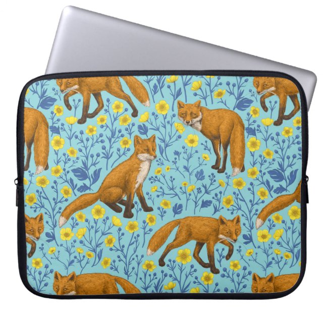 Foxes and buttercups on pool blue laptop sleeve (Front)