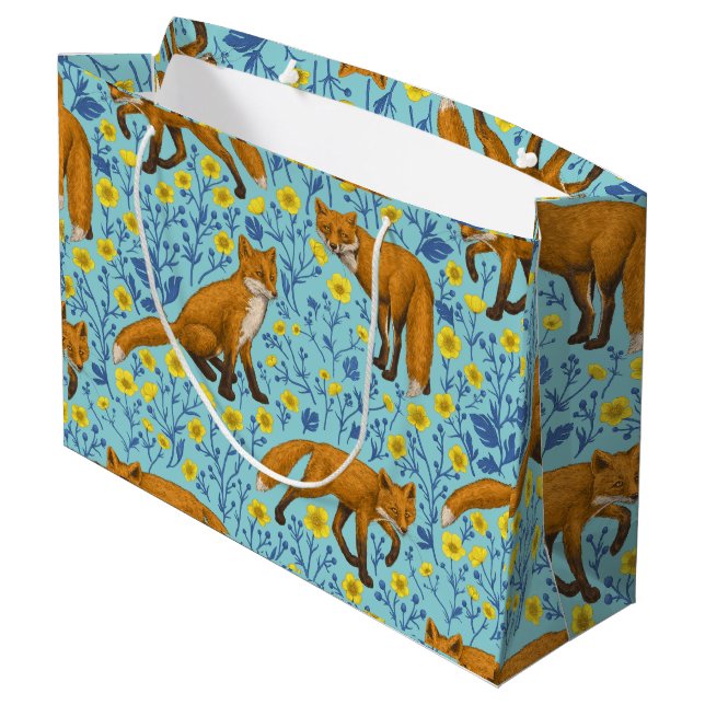 Foxes and buttercups on pool blue large gift bag (Back Angled)