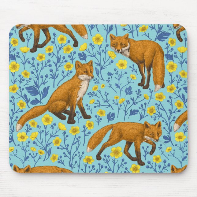 Foxes and buttercups on pool blue mouse mat (Front)