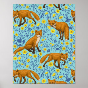 Foxes and buttercups on pool blue poster