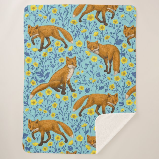 Foxes and buttercups on pool blue sherpa blanket (Front)