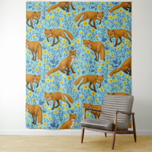 Foxes and buttercups on pool blue tapestry
