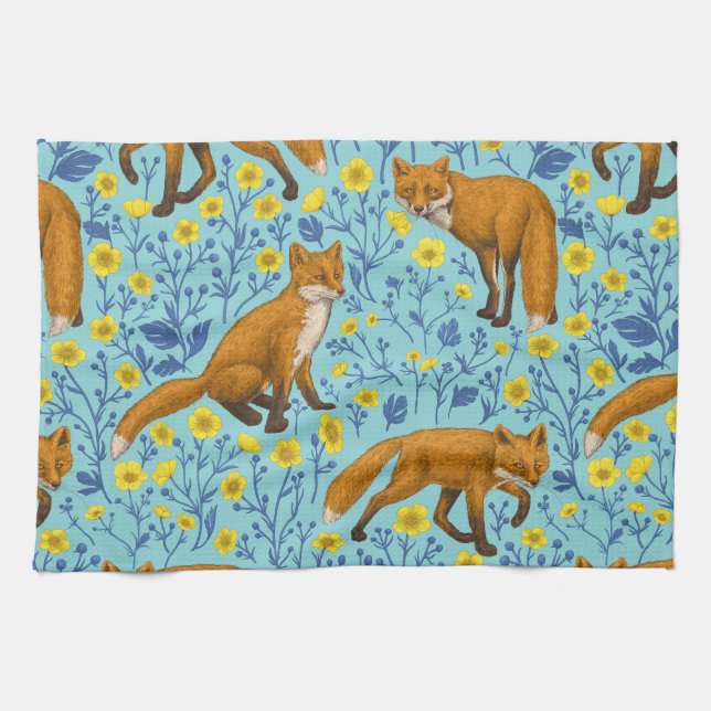 Foxes and buttercups on pool blue tea towel (Horizontal)