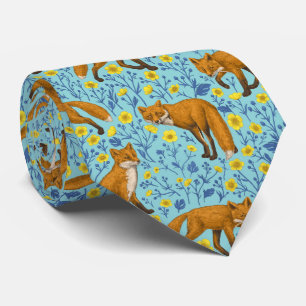 Foxes and buttercups on pool blue tie