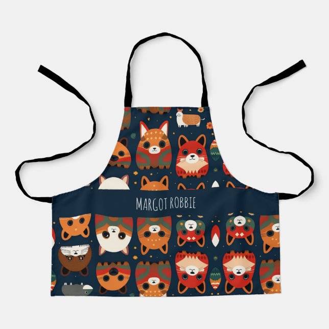 Foxes and cats in the forest Retro Pattern Apron (Front)
