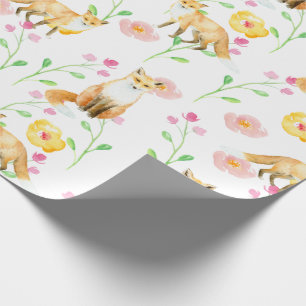 Foxes and Flowers Pink Yellow Mint Watercolor Wrapping Paper