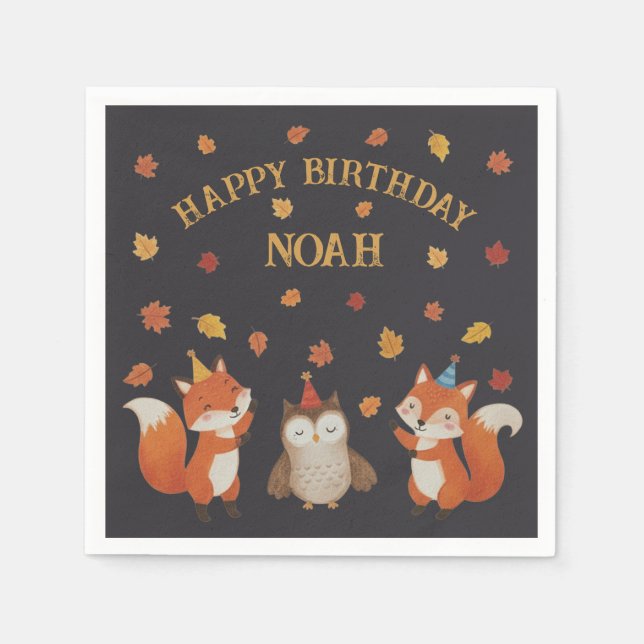 Foxes and Owl Woodland Fall Kids Birthday Party Napkin (Front)