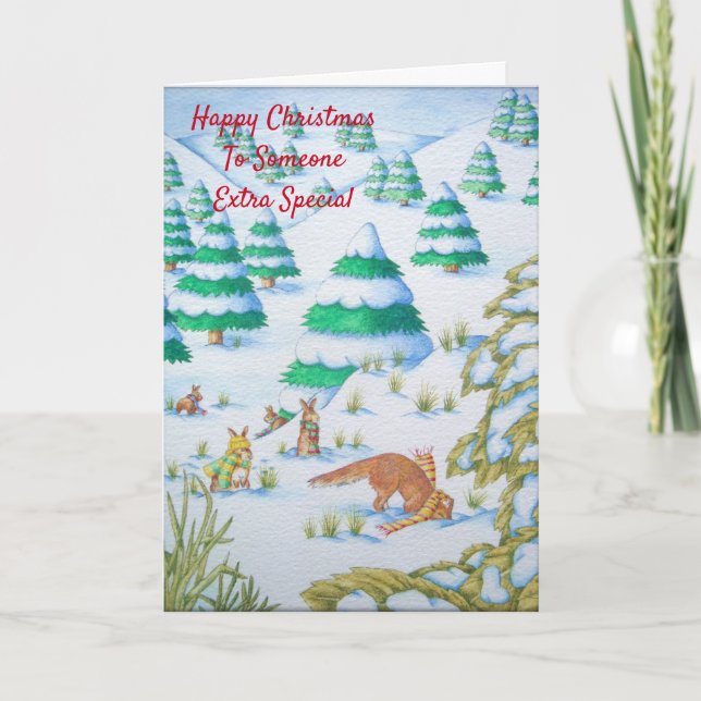foxes and rabbits playing in the snow christmas holiday card (Front)