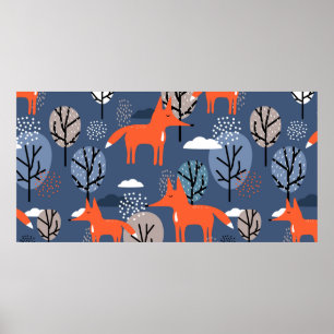 Foxes and trees, hand drawn backdrop. Colorful sea Poster