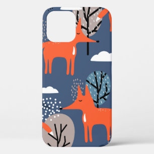 Foxes and trees, hand drawn backdrop. Colourful se iPhone 12 Case