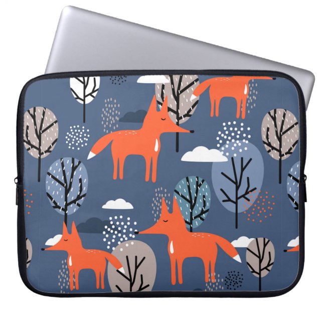 Foxes and trees, hand drawn backdrop. Colourful se Laptop Sleeve (Front)