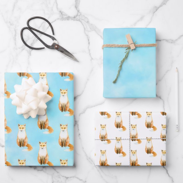 Foxes Aqua Watercolor  Wrapping Paper Sheet (Front)