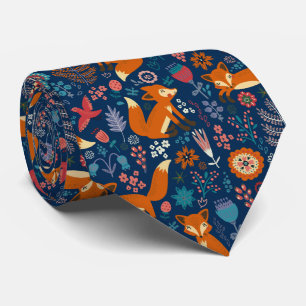 Foxes Birds & Retro Flowers Pattern Tie