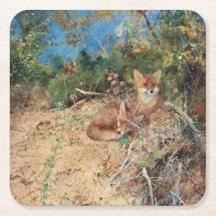 Foxes, Bruno Liljefors Square Paper Coaster