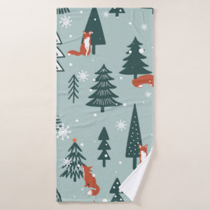 Foxes, fir-trees, snow, hand drawn. Colorful seaml Bath Towel
