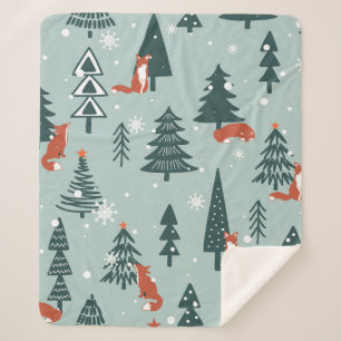 Foxes, fir-trees, snow, hand drawn. Colorful seaml Sherpa Blanket
