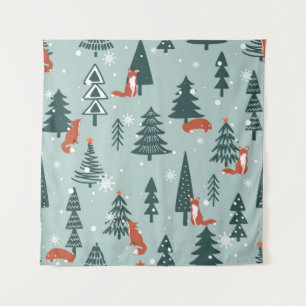 Foxes, fir-trees, snow, hand drawn. Colorful seaml Tapestry