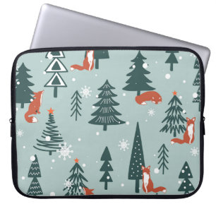 Foxes, fir-trees, winter, colorful pattern laptop sleeve