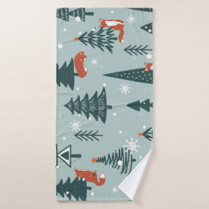 Foxes, fir-trees, winter, colourful pattern bath towel