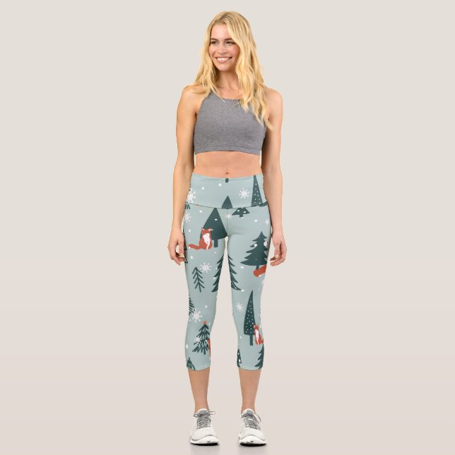 Foxes, fir-trees, winter, colourful pattern capri leggings (Front)