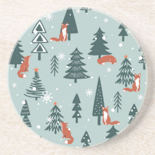 Foxes, fir-trees, winter, colourful pattern coaster