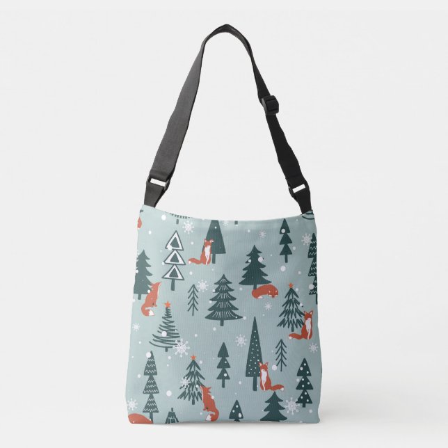 Foxes, fir-trees, winter, colourful pattern crossbody bag (Front)