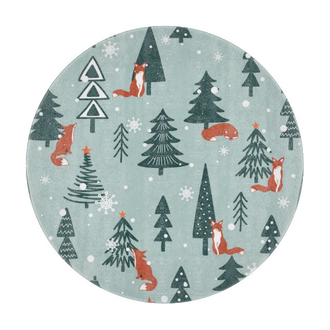 Foxes, fir-trees, winter, colourful pattern cutting board (Front)