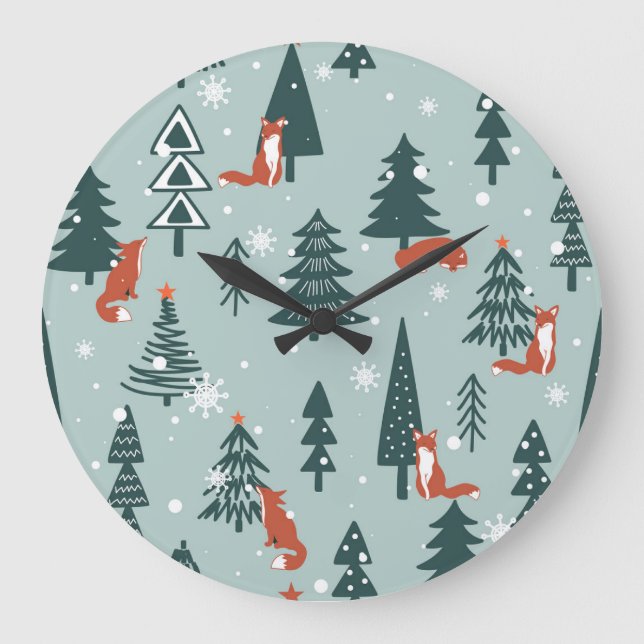 Foxes, fir-trees, winter, colourful pattern large clock (Front)