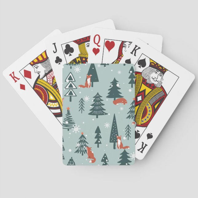 Foxes, fir-trees, winter, colourful pattern playing cards (Back)