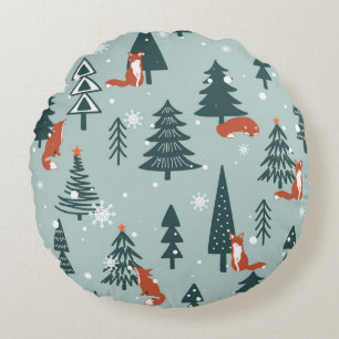 Foxes, fir-trees, winter, colourful pattern round cushion