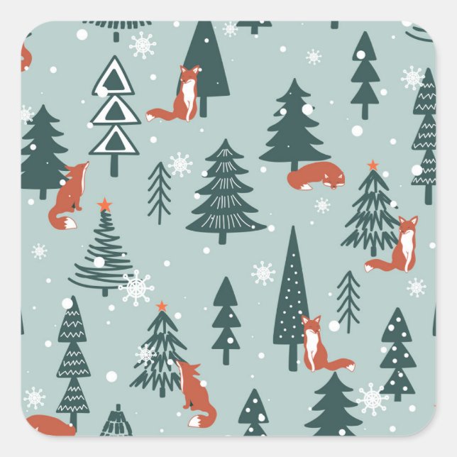 Foxes, fir-trees, winter, colourful pattern square sticker (Front)