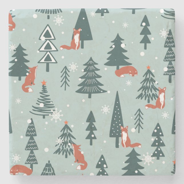 Foxes, fir-trees, winter, colourful pattern stone coaster (Front)