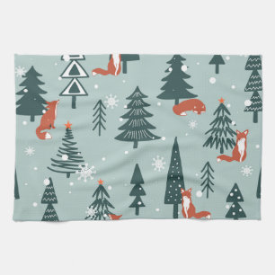 Foxes, fir-trees, winter, colourful pattern tea towel