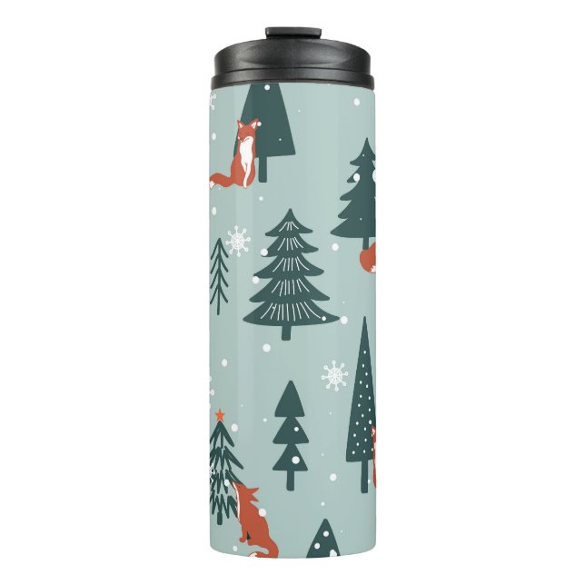 Foxes, fir-trees, winter, colourful pattern thermal tumbler (Front)