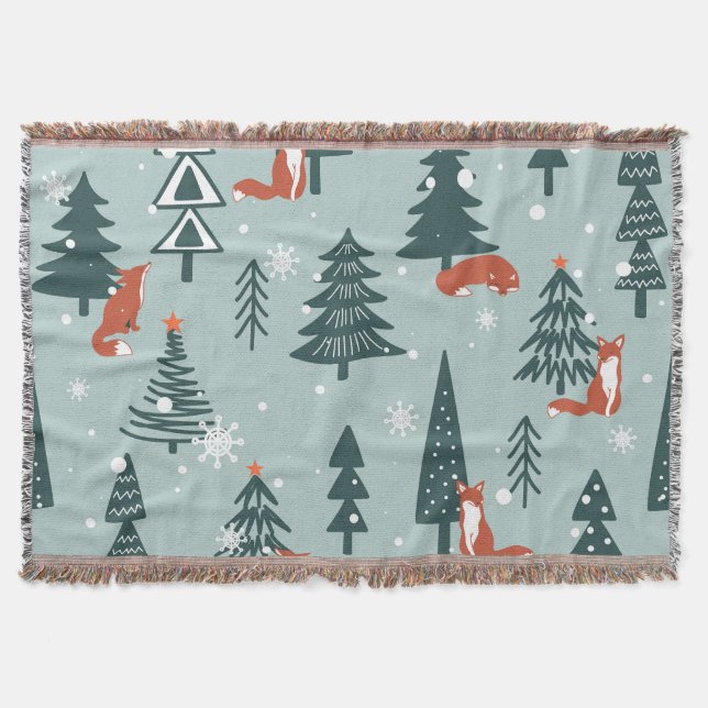 Foxes, fir-trees, winter, colourful pattern throw blanket (Front)