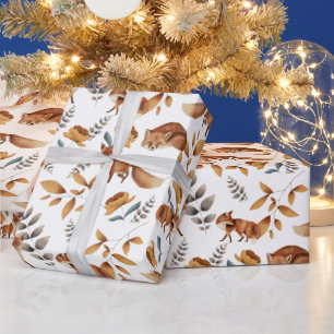 Foxes Flowers Greenery Botanical  Wrapping Paper
