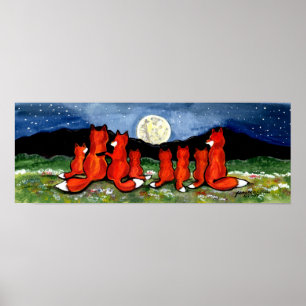 Foxes Fox Family Watching Moon Poster Navy Night