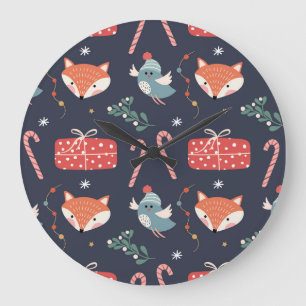 Foxes & Gifts: Christmas Seamless Pattern Large Clock